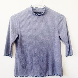 See You Monday Periwinkle Blue Mock Neck Lettuce Trim Ribber Half Sleeve Blouse